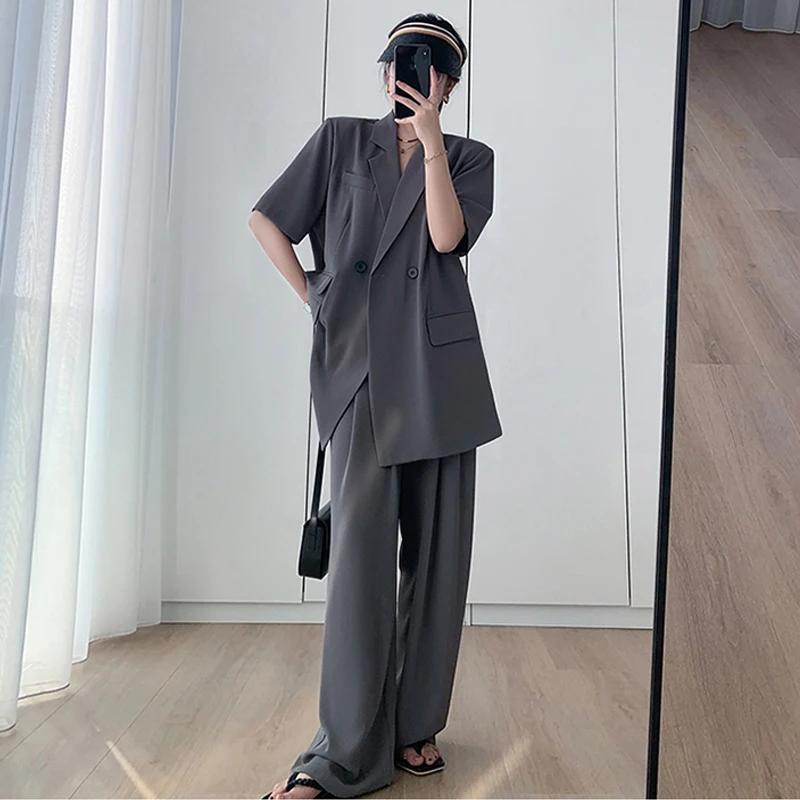 2023 Summer New Blazers Two Piece Suits Women Korean Loose Short Sleeve Blazer Tops High Waist Wide Leg Pants Sets Femme