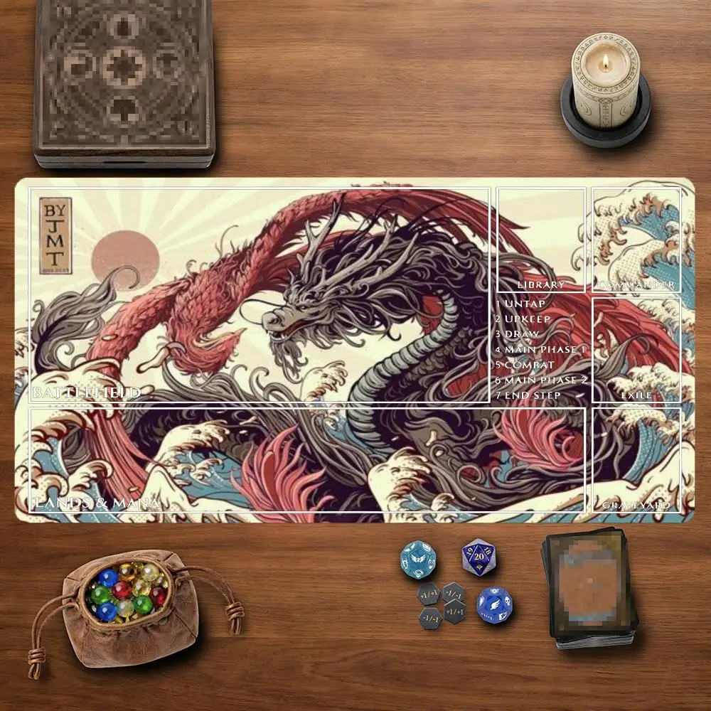 Фото Традиционный китайский игровой коврик TCG с изображением дракона, феникса и волн, 35x60 см, нескользящий, прочный, с прошитыми краями, для настольных игр. №2