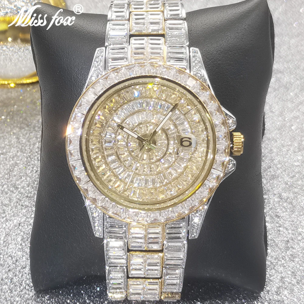 

Часы MISSFOX мужские Кварцевые водонепроницаемые, люксовые светящиеся оригинальные, с багеттом и бриллиантами, 18 К, с автоматической датой, с з...