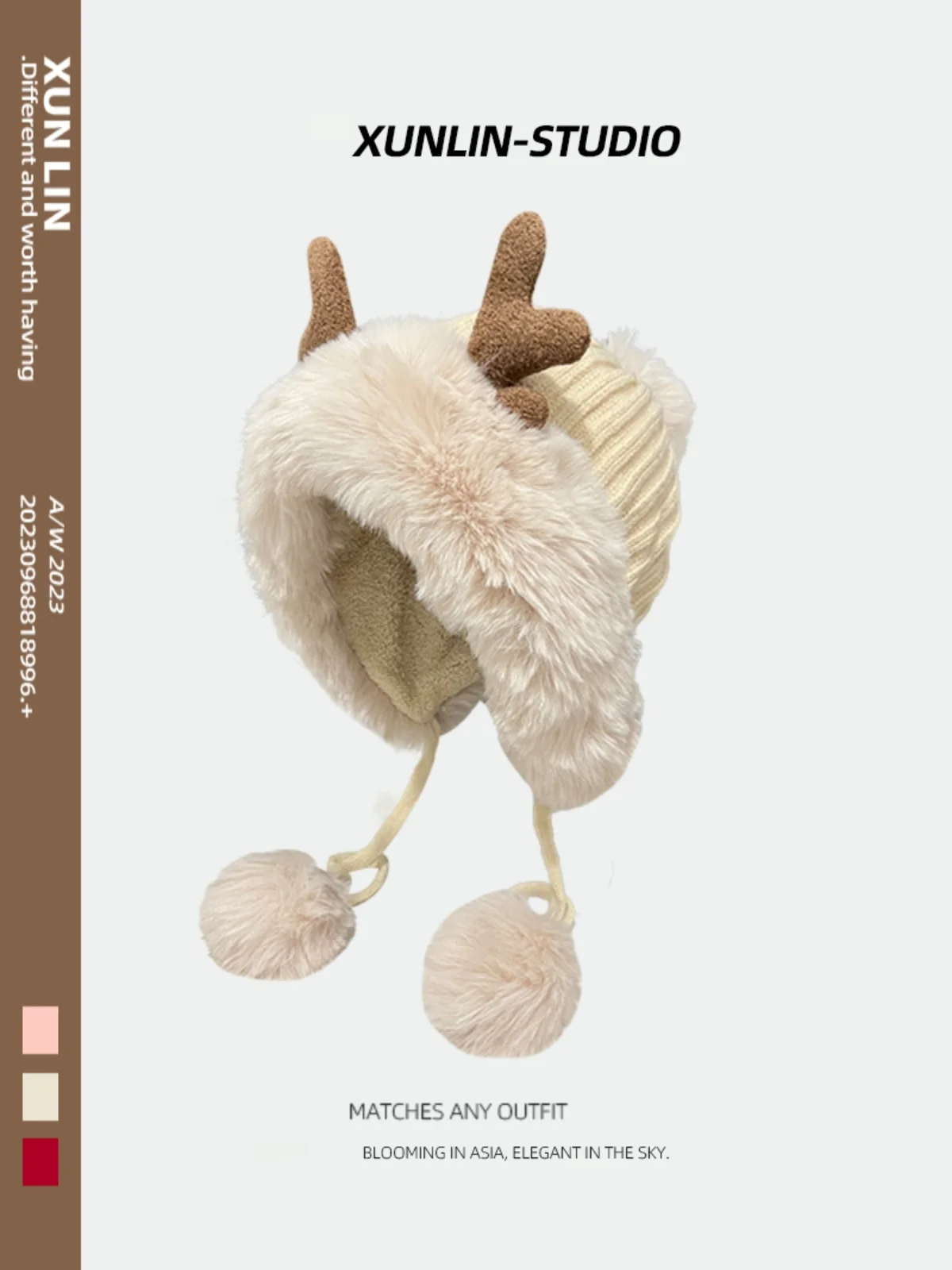 Christmas Chic Antler Hat Female Winter Cycling Cute Fur Ball Lei Feng Fleece-lined Warm Earmuff Knitted Woolen Cap