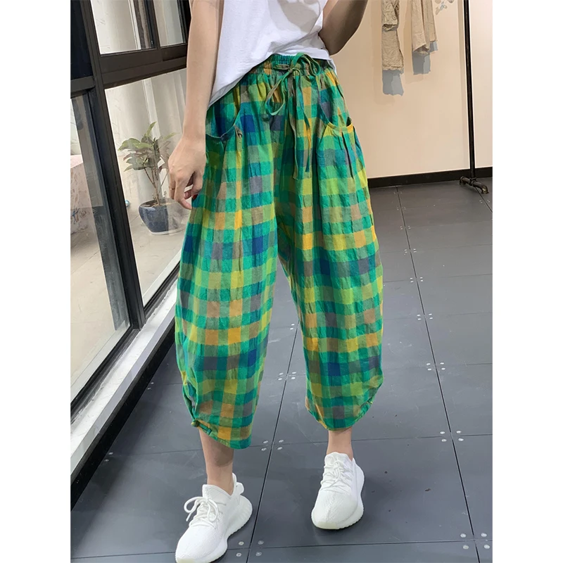 

2022 Summer New Arts Style Women Elastic Waist Casual Calf-length Loose Pants Vintage Cotton Linen Plaid Harem Pants C98