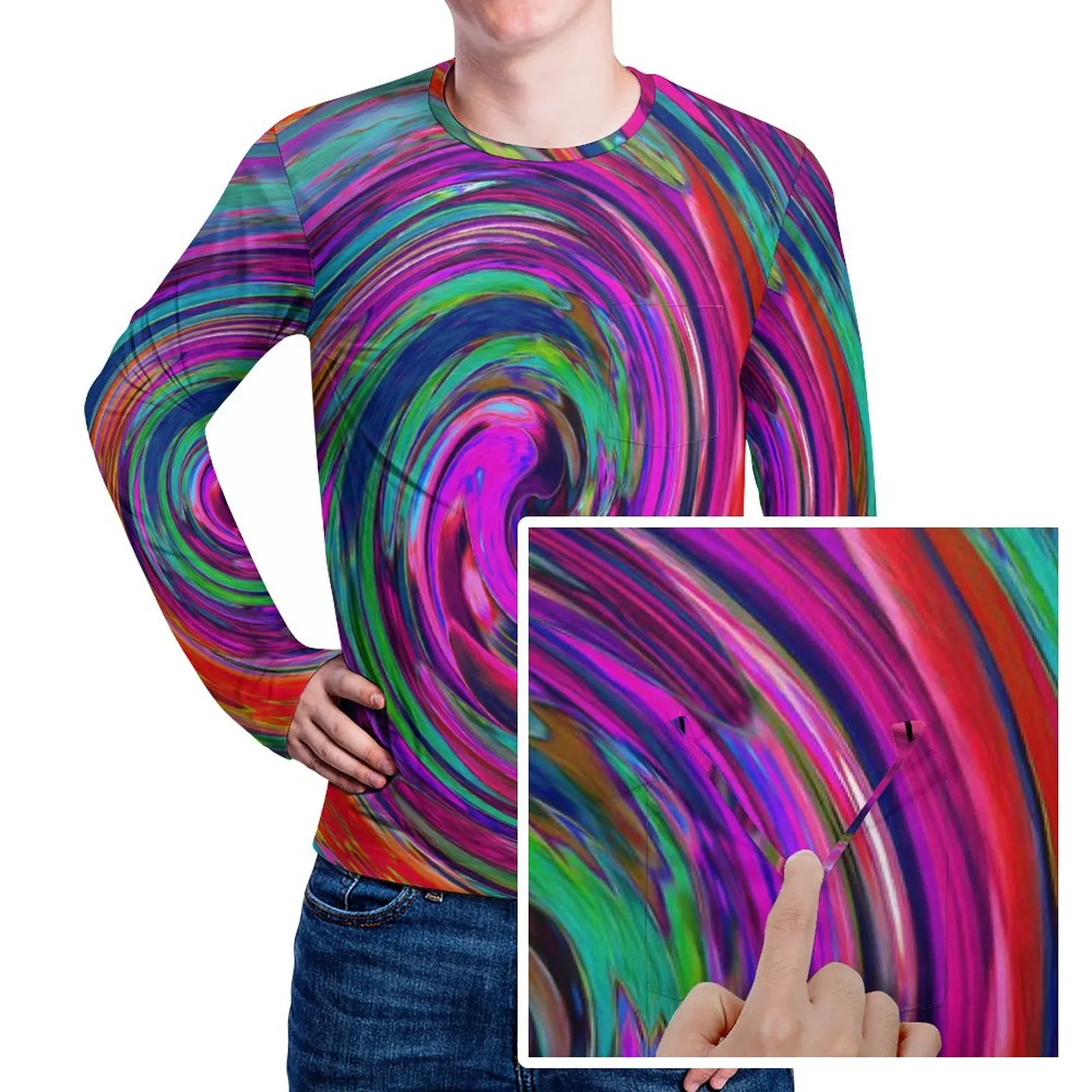 

Rainbow Swirls T-Shirt Abstract Retro Print Cool T-Shirts With Pocket Long Sleeve Graphic Tshirt Essential Plus Size Top Tees