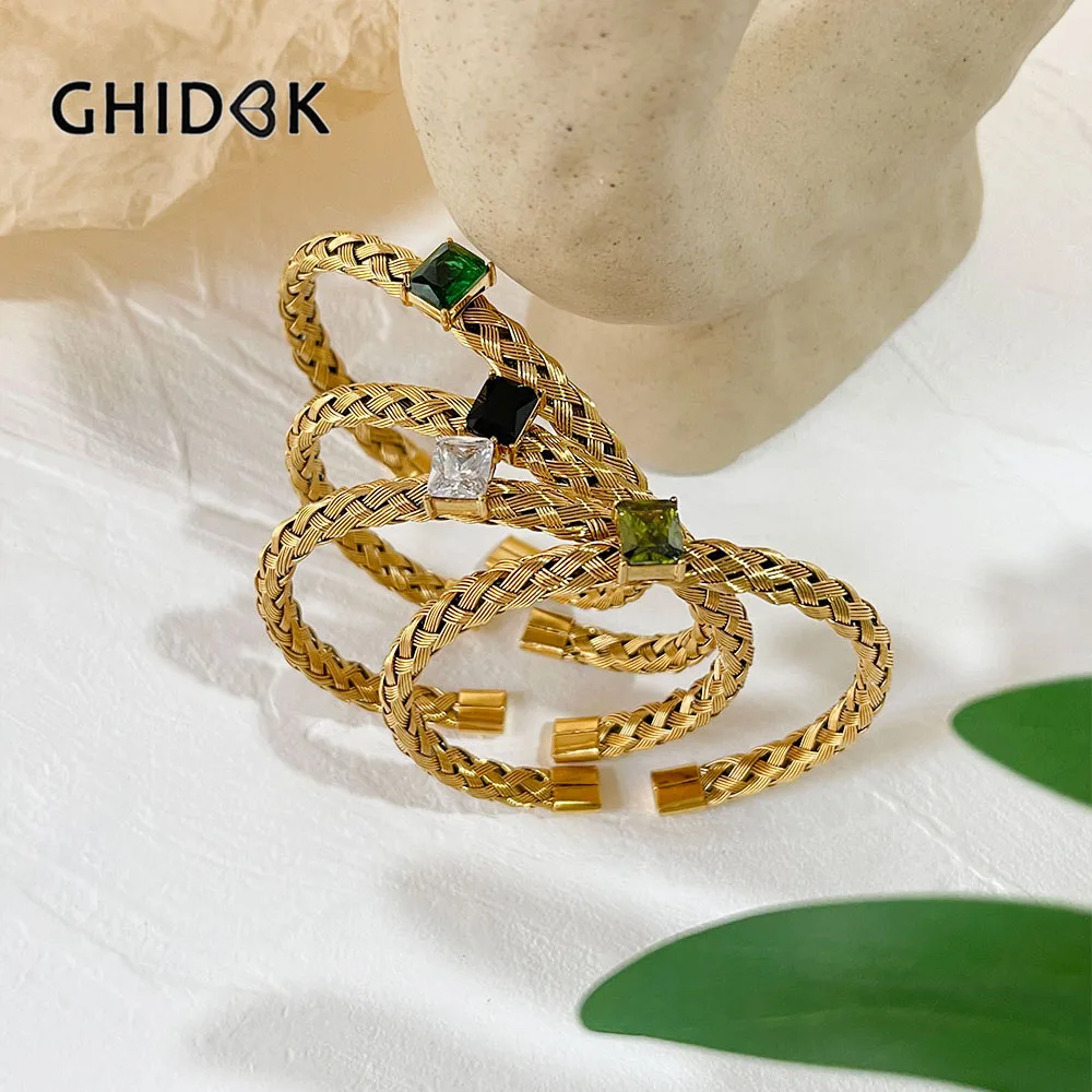 

GHIDBK многоцветный массивный 18K позолоченный тканый Открытый Браслет-манжета с квадратным драгоценным камнем из нержавеющей стали водонепро...
