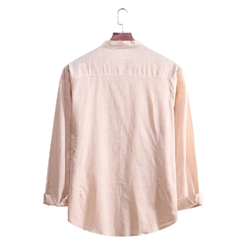 Men's casual long sleeve shirt large size shirt men's cotton and linen casual slim pure color stand collar shirt