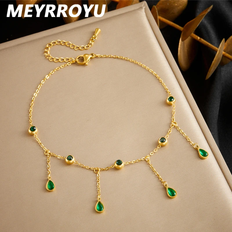 Браслеты на ногу MEYRROYU из нержавеющей стали 316L с зелеными каплями воды подвески