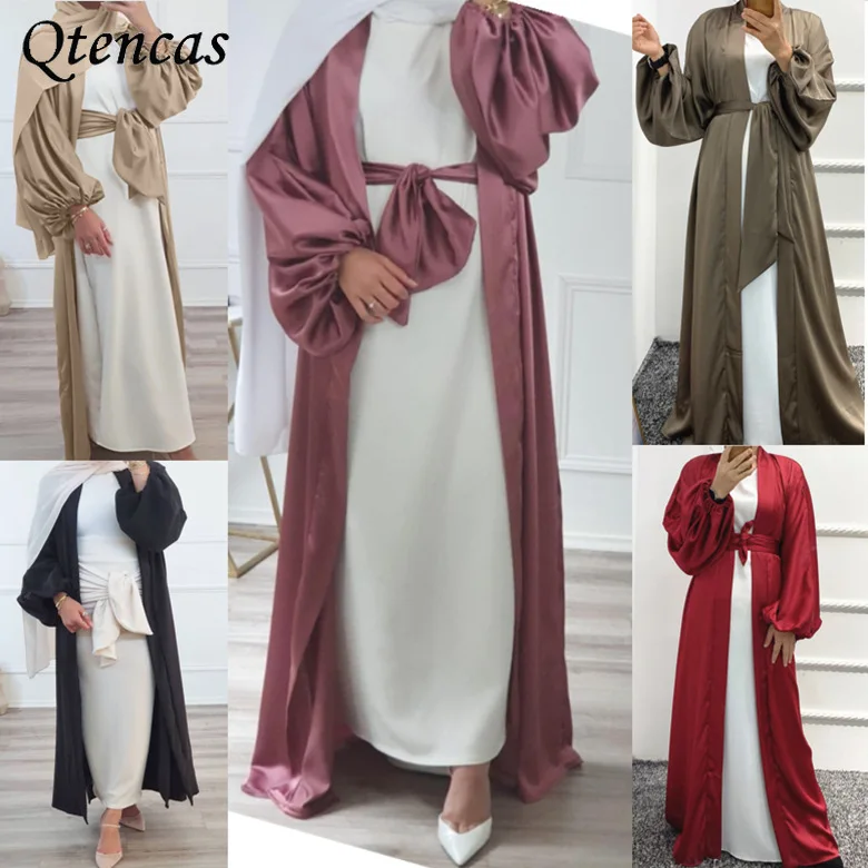 ИД открытая абайя кимоно атласное Дубай яркий рукав мусульманский хиджаб платье простой марокканский кафтан Турция ислам одежда