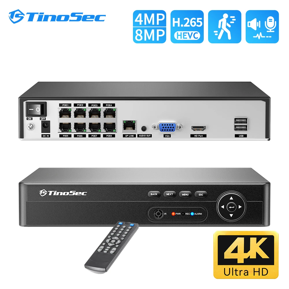 Сетевой видеорегистратор TinoSec H.265 8 каналов 4K Мп 5 МП 4 1080P PoE сетевой для системы