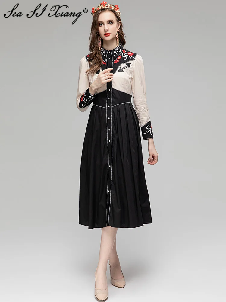 

Женское Хлопковое платье с отложным воротником Seasixiang, винтажное однобортное платье с длинным рукавом и цветочной вышивкой на лето