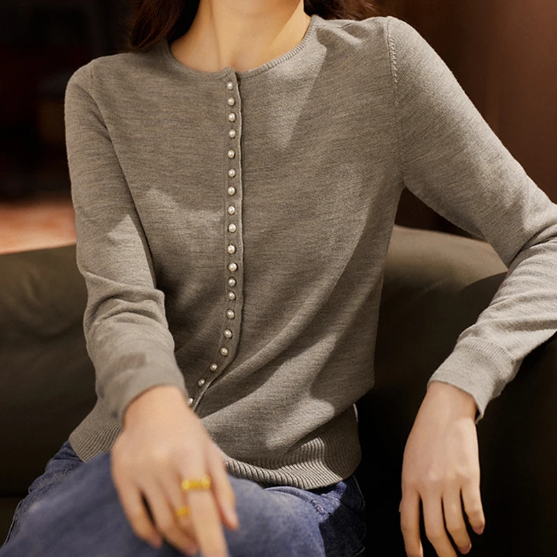 Весенне-осенний серый женский однобортный тонкий жакет с бисером кардиган топ