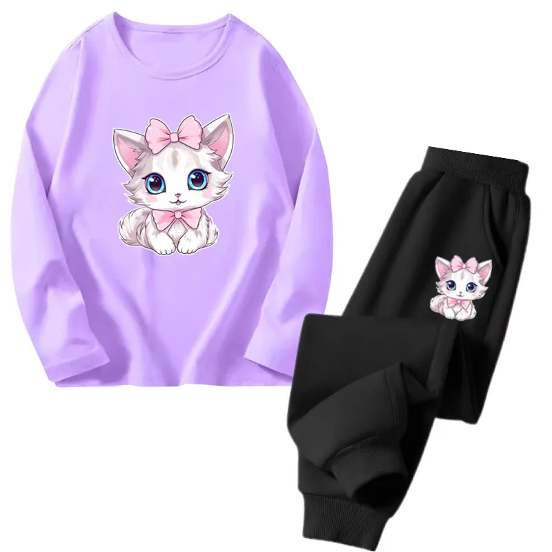 Комплект одежды для маленьких девочек 3-14 лет топ с милым котом и штаны длинными