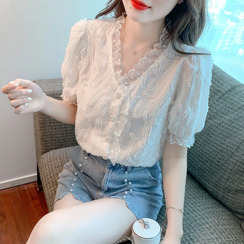 

Шифоновая облегающая женская блузка с кружевом, летняя рубашка с коротким рукавом, повседневный Модный женский топ, новинка 2022, одежда в Кор...