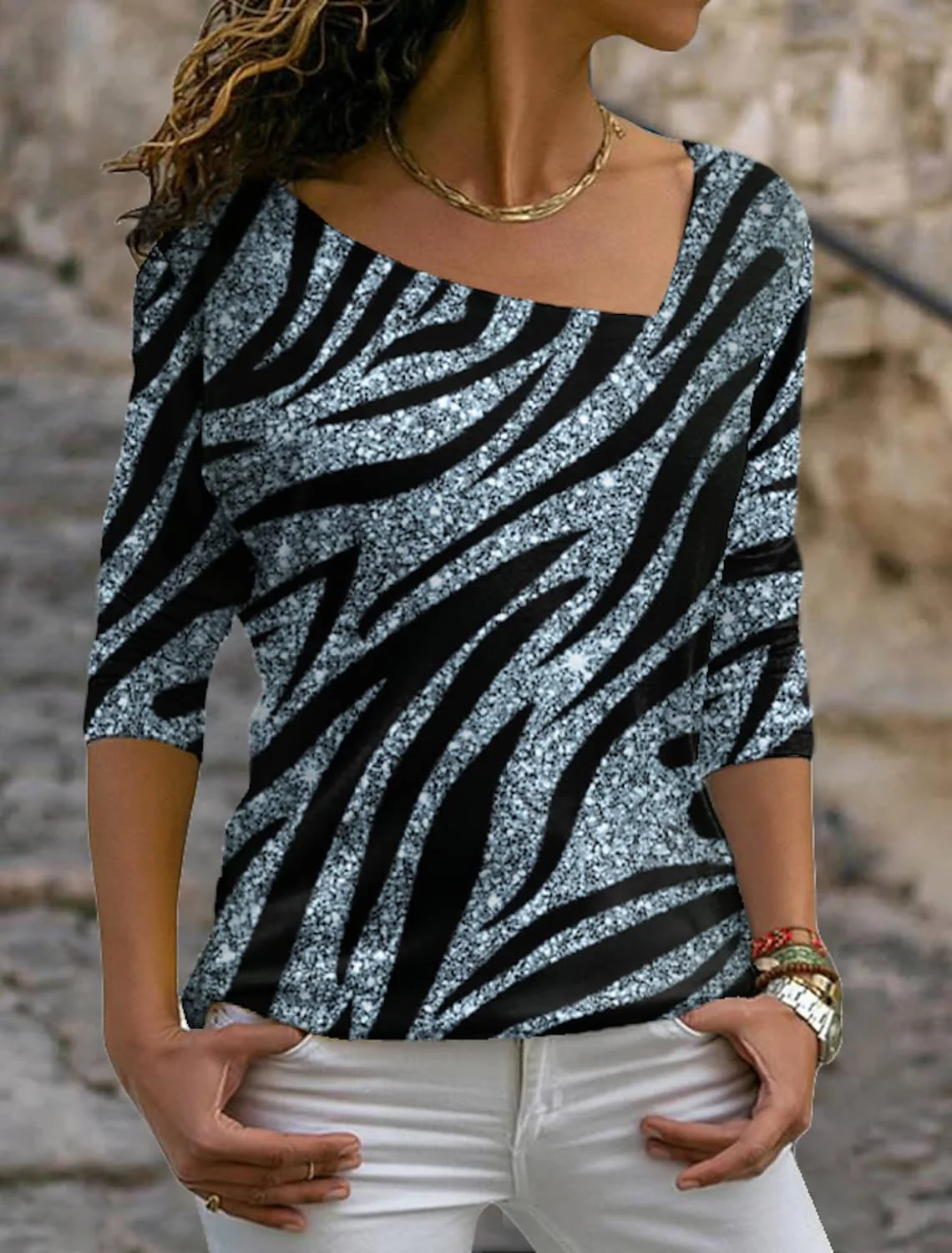 

Women's T shirt Tee Silver Purple Gold Zebra Print Long Sleeve Casual Weekend Basic V Neck Regular Painting Plus Size S