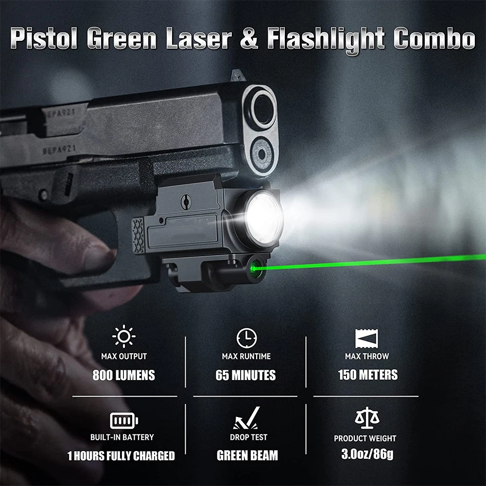 800 Lumens Tactical Weapon Gun Light Green Dot Laser Sight Combo USB Rechargeable LED Flashlight For Handgun Pistol Light images - 6
