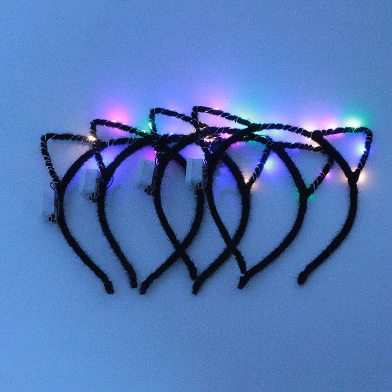 Women Girls LED Flashing Cute Pointed Cat Ears Hair Hoop Glowing String Lights Plush Cloth Wrapped Headband Party Cosplay | Тематическая