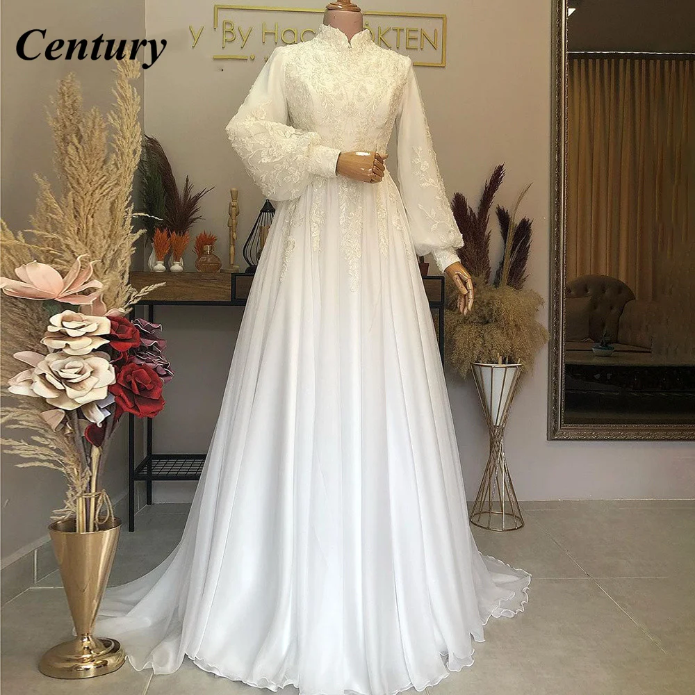 

Белое марокканское свадебное платье, Элегантное Длинное мусульманское свадебное платье с высокой горловиной и аппликацией, арабское плать...