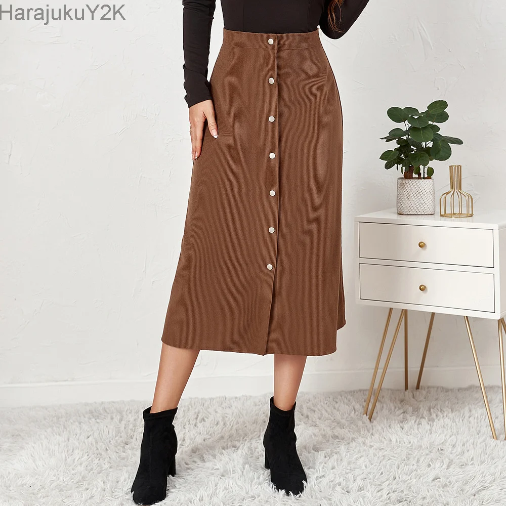 

Corduroy Single Breasted High Waist Skirt Women's Autumn/Winter New Casual Versatile Solid Color A-Line Mid-Length Skirt