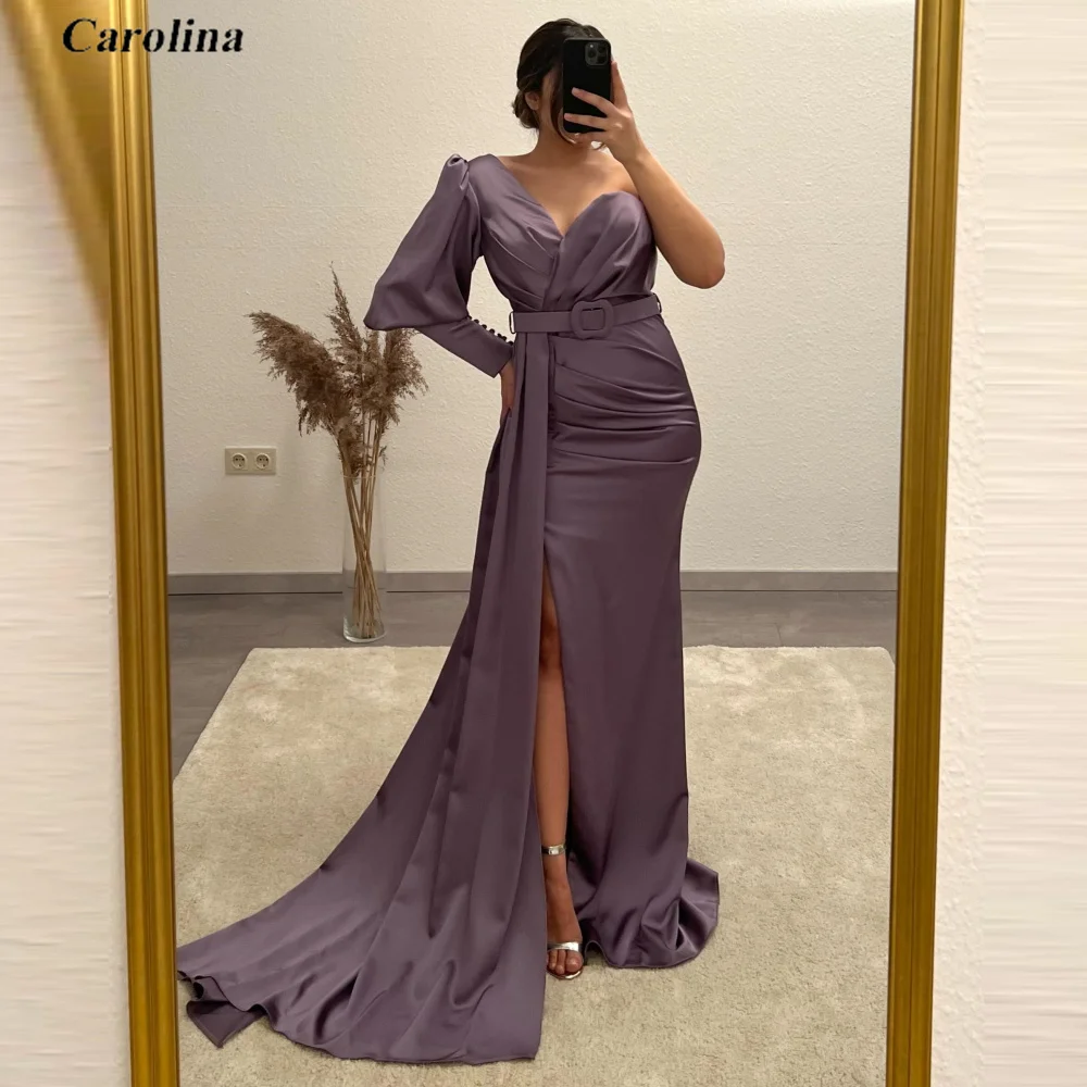 

One-Shoulder Prom Gown Long Puff Sleeves High Split Satin Simple Occasion Dress Robe De Soirée Women Ruched Evening Party Dress