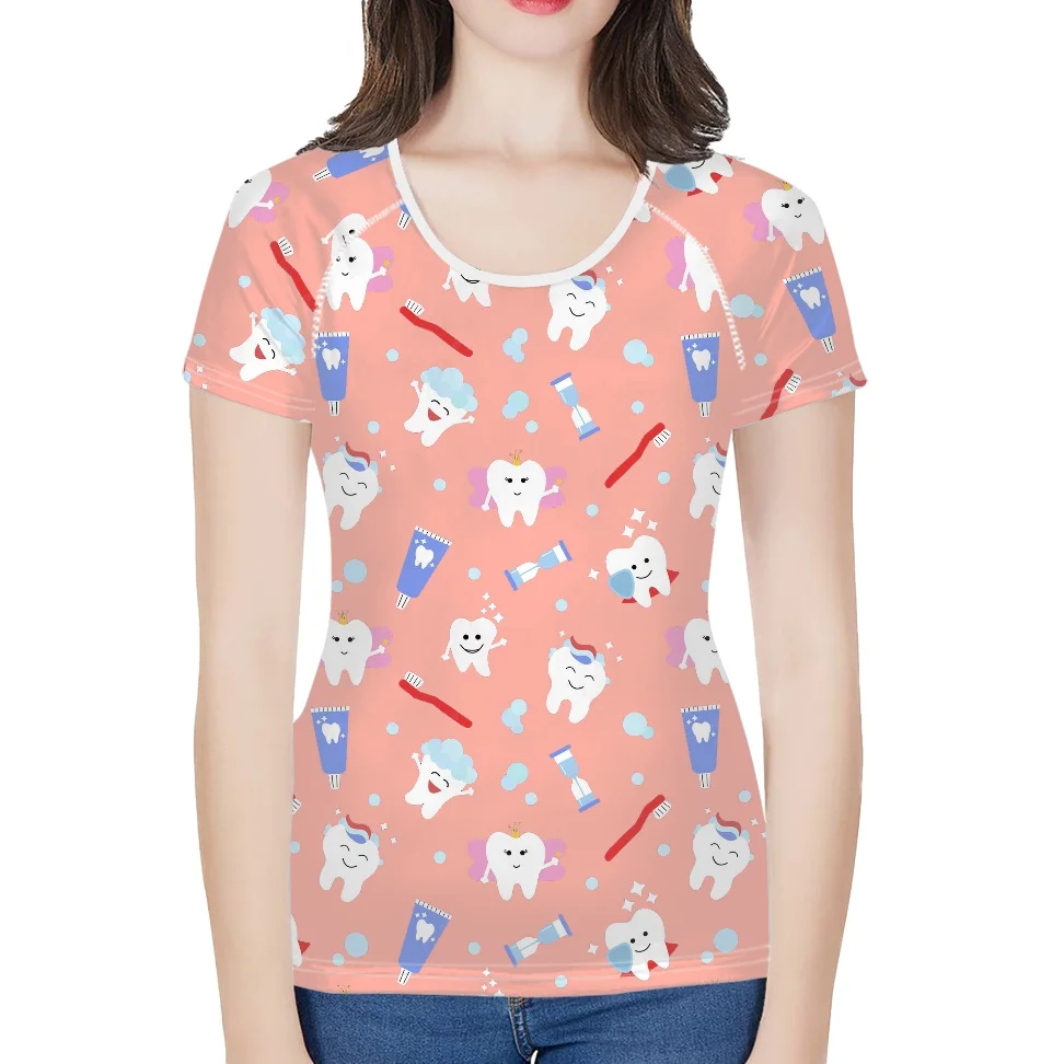 

Футболки FORUDESIGNS для женщин, уход за зубами из мультфильма, узор, эластичная футболка, модные женские топы с круглым вырезом и коротким рукаво...