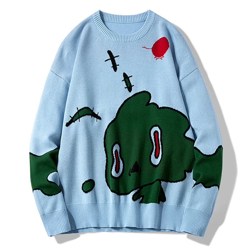 

Green Monster Knitted Sweater Oversized Pullover Streetwear Blue Knitted Sweaters Male Oversized Pullover Spring Autumn