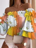 spring summer women casual slim fit fashion t shirts daily wear floral print off shoulder frill hem peplum top