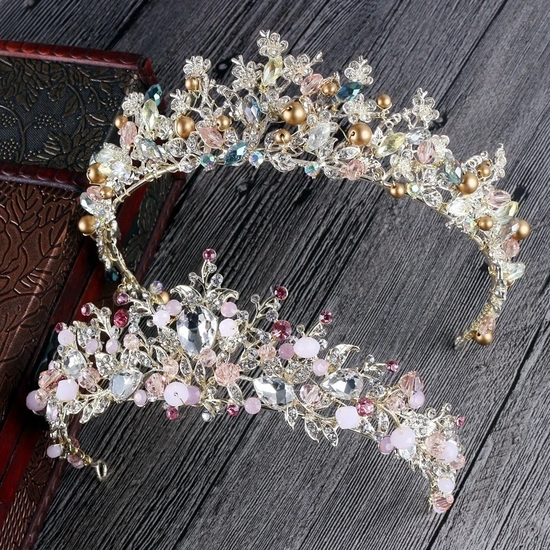 

Luxury Pink Gold pearl bridal crowns handmade tiara bride headband crystal wedding diadem queen crown wedding hair accessories