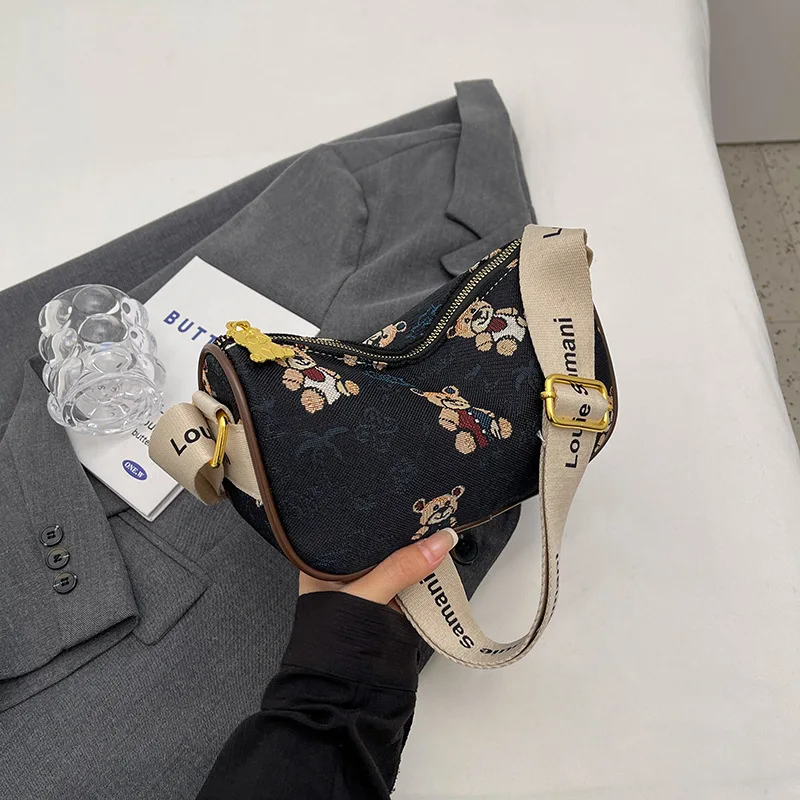 Senior Design Sense Diagonal Span Bag Female PU Cartoon Bear Print Single Shoulder Bag Women's Handbag