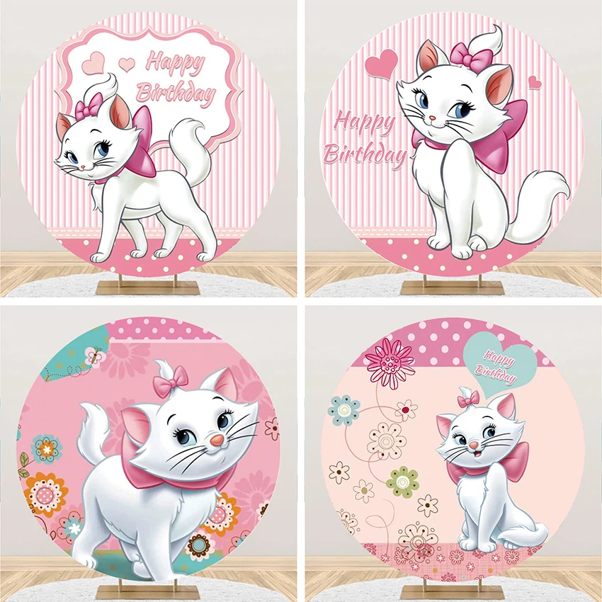 

Cute Cat Marie Flowers Pink Girl Party Circle Backdrop Child Birthday Table Decoration Photo Round Background Kids Covers