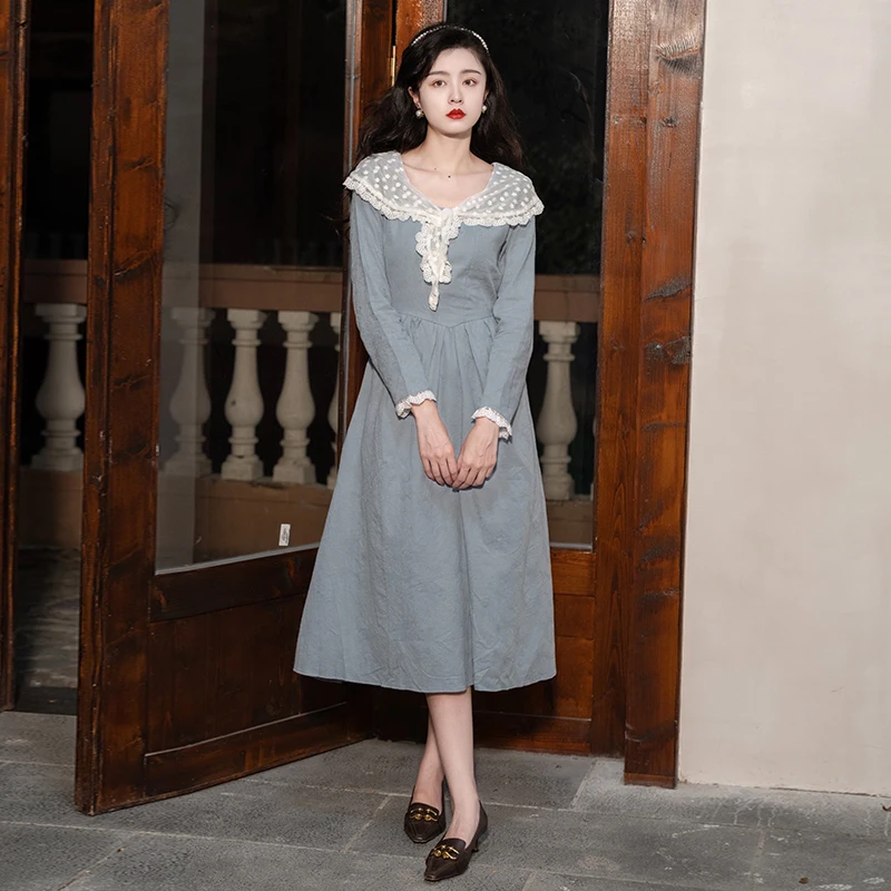 

Женское кружевное платье миди с цветочным воротником, элегантное платье с V-образным вырезом и длинным рукавом в стиле пэчворк, платье принцессы с высокой талией