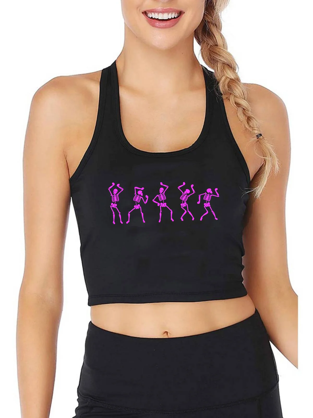 

Pink Spooky Dancing Skeletons Graphic Design Cotton Breathable Sexy Fit Crop Top Trend Gothic Sports Fitness Training Tank Tops