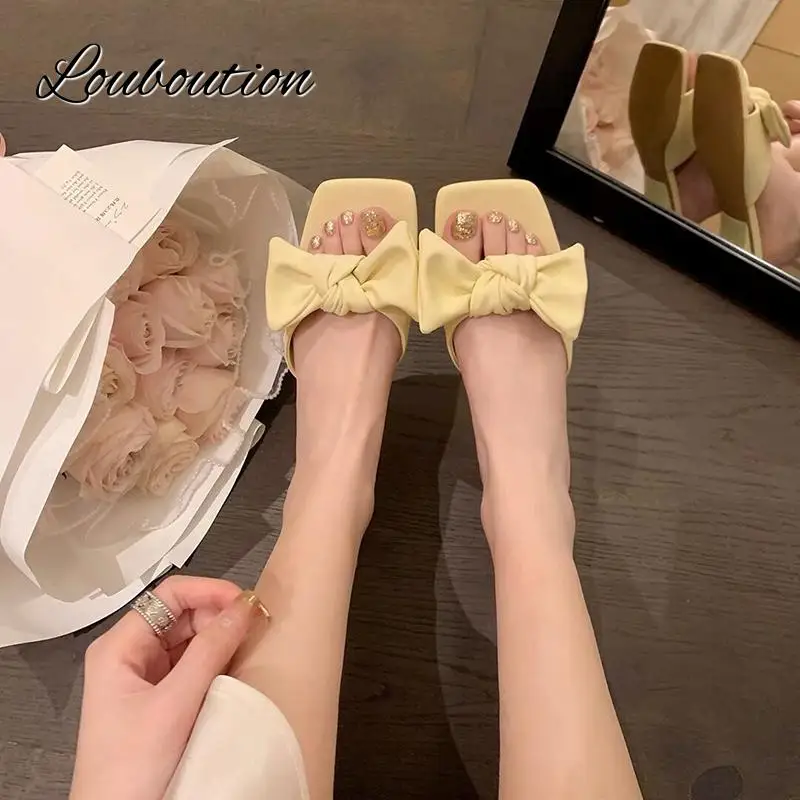 

Женские шлепанцы, элегантная летняя обувь, с квадратным носком, простые, с бантом, с закрытым носком, 2022