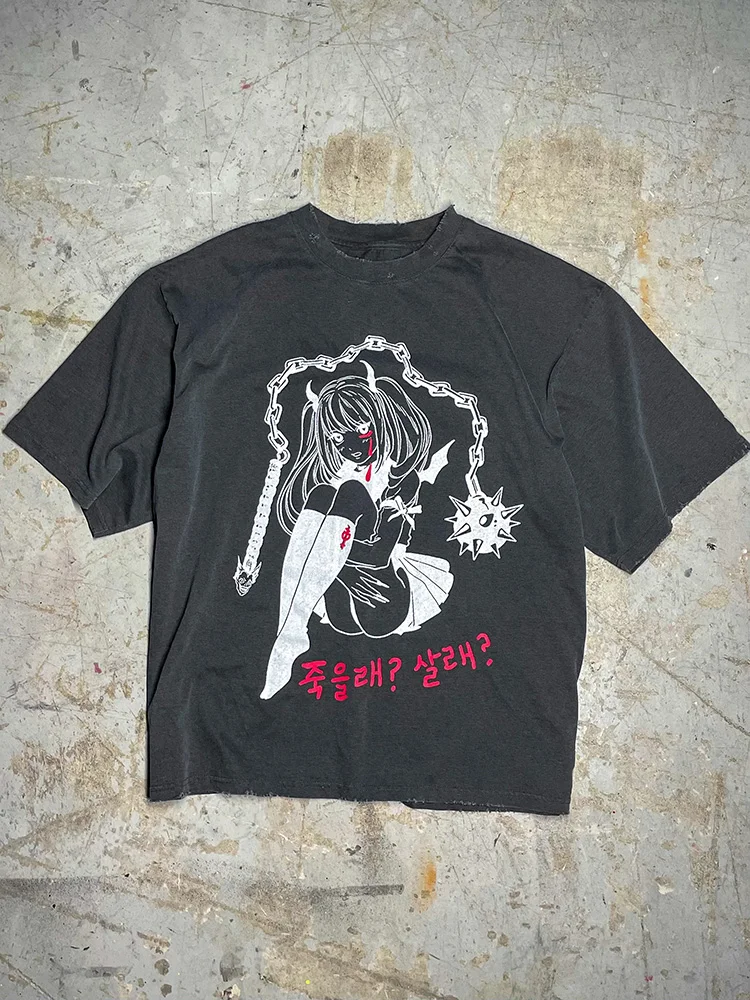 

Модная Винтажная футболка в Корейском стиле, Хлопковая мужская футболка с японским Аниме Манга, новинка, женские топы, Женский костюм с букв...