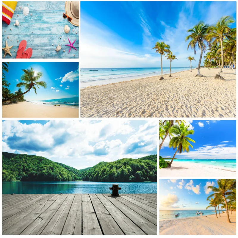 

SHUOZHIKE Summer Tropical Sea Beach Palms Tree Photography Background Scenic Photo Backdrops Photocall Photo Studio HT-04