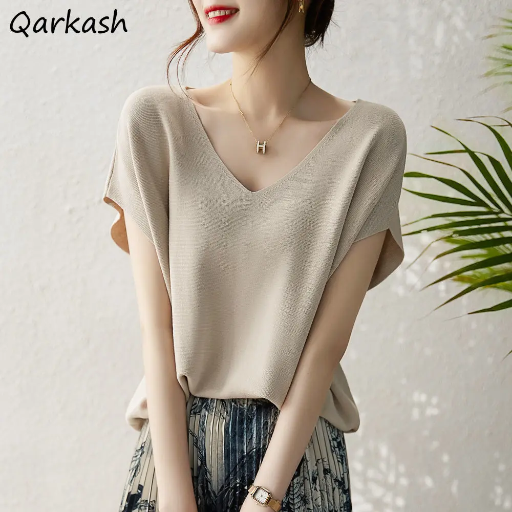 

Short Batwing Sleeve T-shirts Women Cozy Loose Solid Thin Knitted Fashion All-match Vintage Casual Summer V-neck Basic Elegant