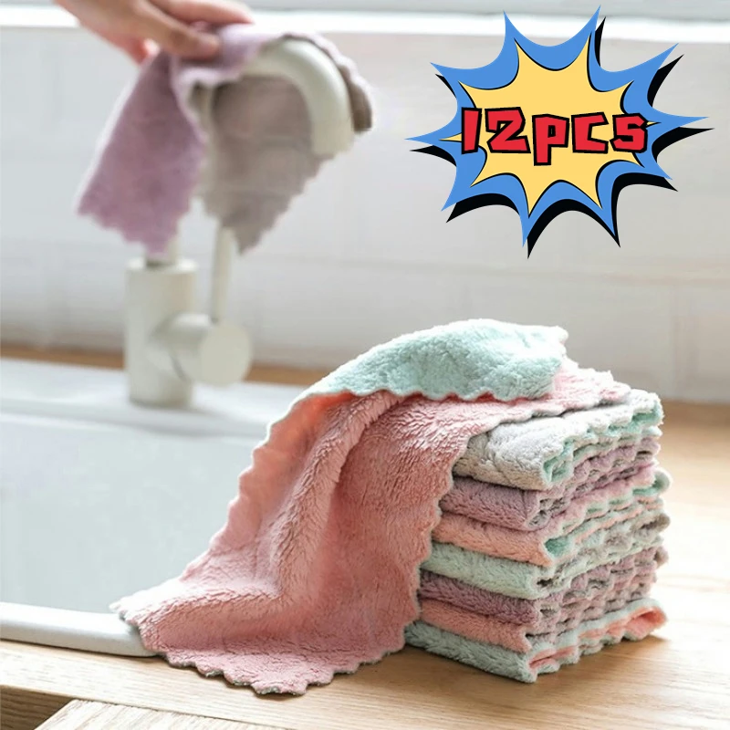 12PCS Super Absorbent Microfiber Kitchen Dish Cloth High-efficiency Tableware Household Cleaning Towel Kitchen Color Random