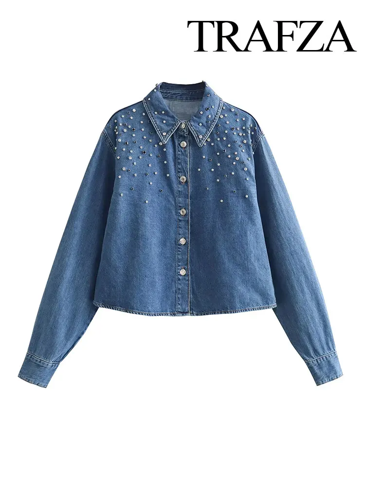 

TRAFZA Fashion Denim Short Rhinestone Shirt Long Sleeve Pearl Button Casual Shirt Women's Chic Top Autumn Women's Retro Shirt