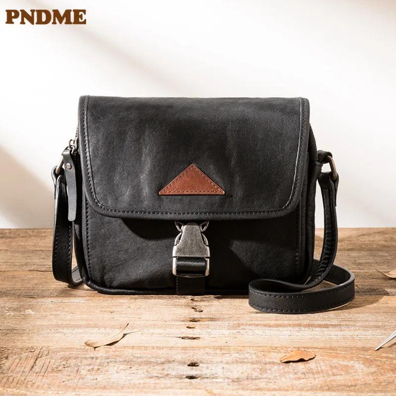 PNDME simple casual high quality natural real leather men's black small shoulder bag everyday outdoor soft cowhide messenger bag
