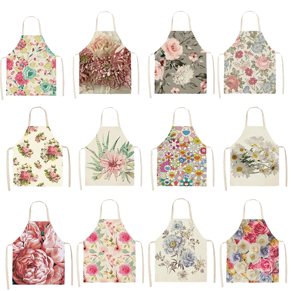 

Домашний Льняной Фартук, красивый фартук для взрослых с цветочным принтом для женщин и мужчин, кухонные принадлежности для готовки и уборки...
