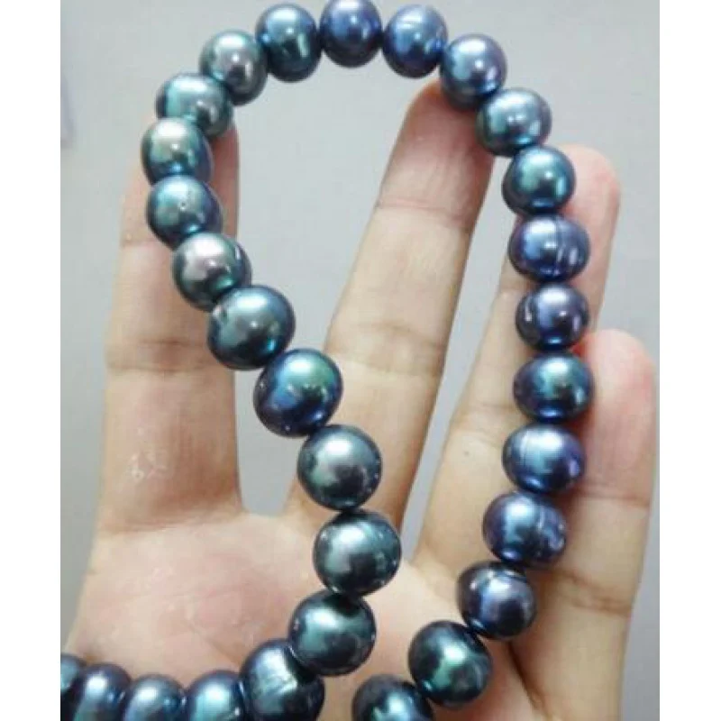 noble jewelry GENUINE 9-10MM Freshwater BLA PEARL NELACE 17.5inch 14K GOLD