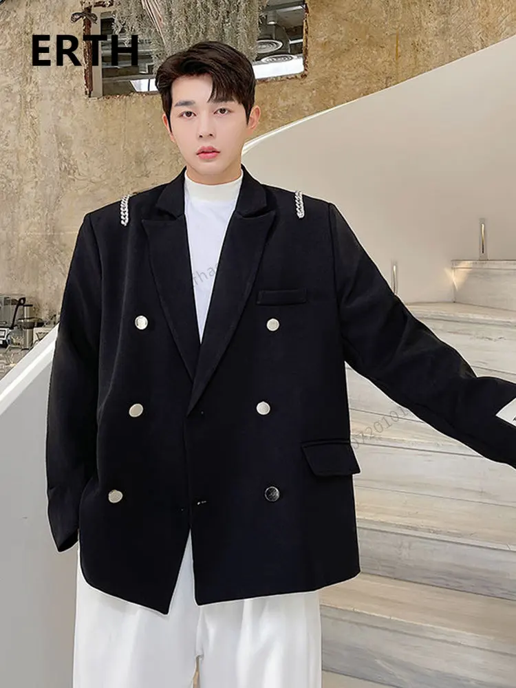 

Мужской двубортный пиджак ERTH, дизайнерский однотонный блейзер в Корейском стиле с декоративной цепочкой, осень 2023
