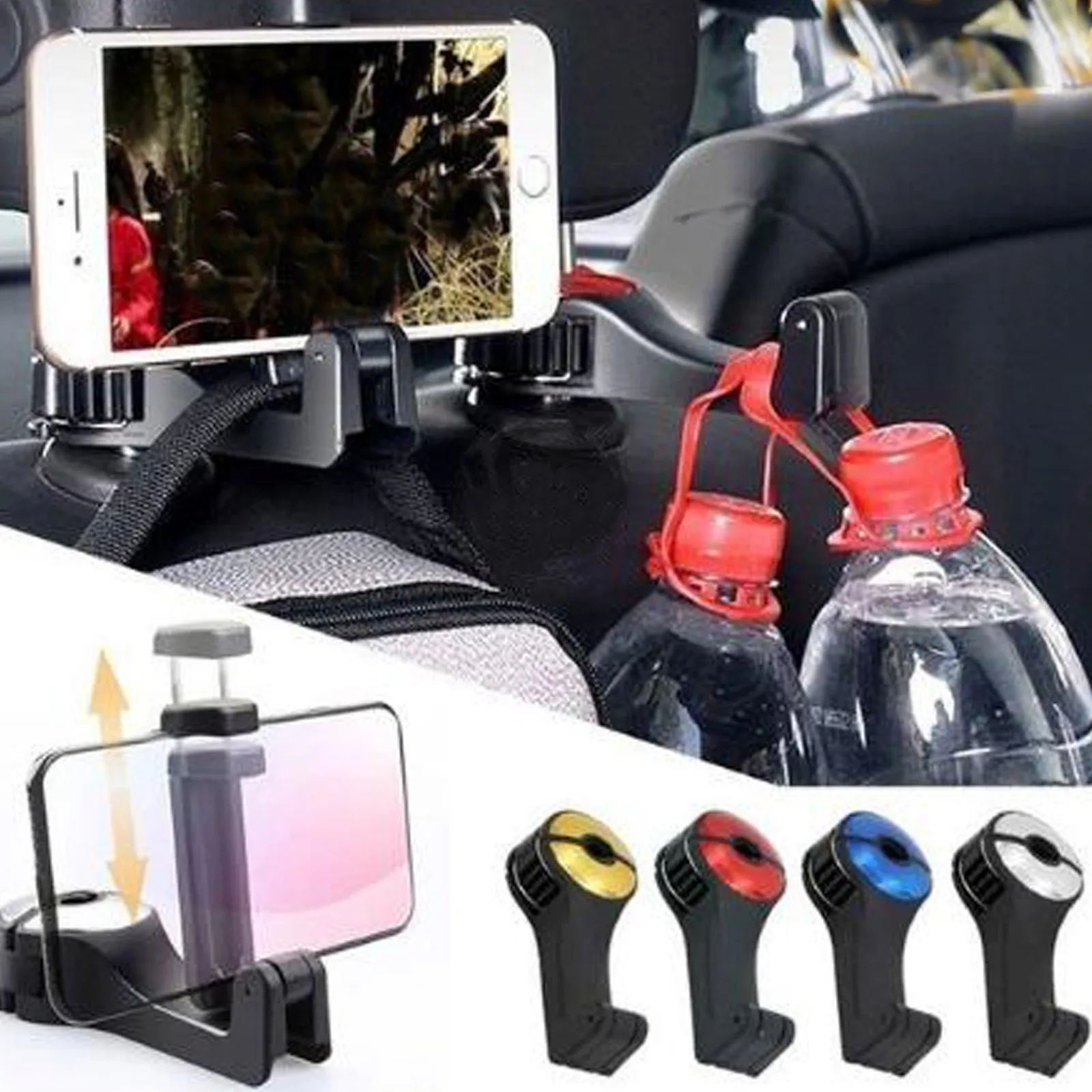 

2 in 1 Car Headrest Hook with Phone Holder Seat Back Hanger for Bag Handbag Purse Grocery Cloth Portable Multifunction Clips