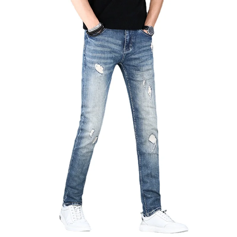 Men Blue Ripped Stretch Jeans Autumn Slim Fit Straight Pants Streetwear Casual Denim Trousers CP2037