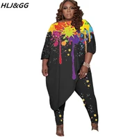 hljgg plus size two piece sets women round neck irregular long tops and legging pants tracksuits casual print matching outfits