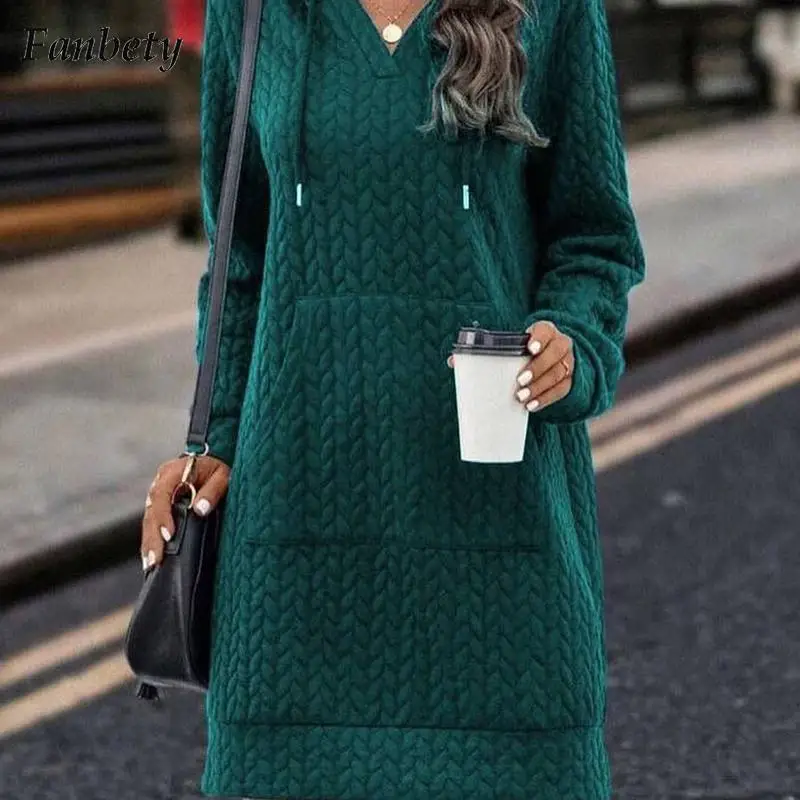

Women Vintage Solid V-Neck Hooded Party Dresses Autumn Casual Long Sleeve Pullover Tops Ladies 2023 Fashion Loose Dress Pockets