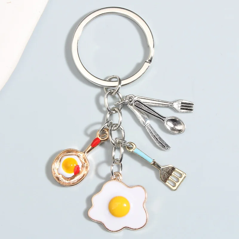 

Kitchenware Keychain Fried Egg Pan Shovel Knife Spoon Fork Key Ring Breakfast Key Chains For Chef's Gift DIY Jewelry Handmade