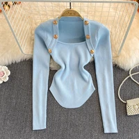 2022 spring new sexy square collar long sleeve sweater for women button deco pullover elegant ladies thin bottoming knitted tops