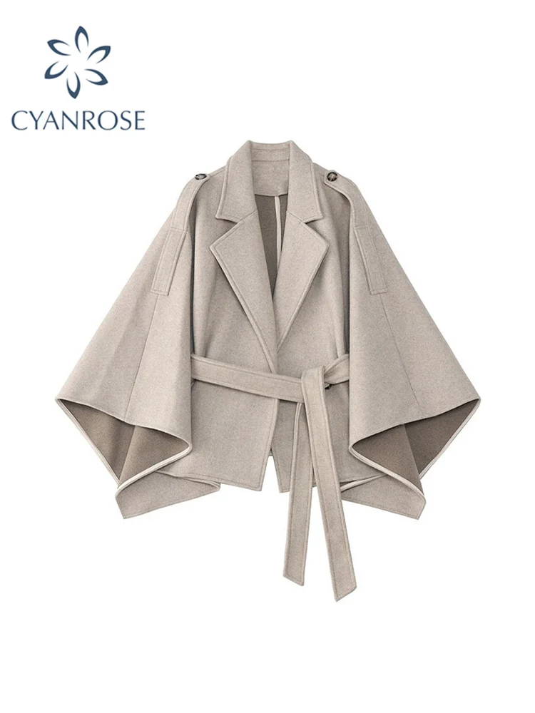 Lady Cloak Short Khaki Windbreaker Korean Style Loose Oversized Women's Shawl temperament Woolen Overcoat Belted Autumn Winter