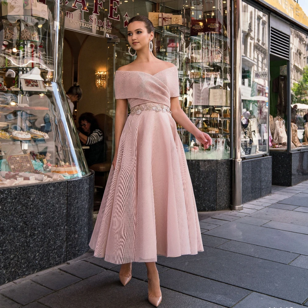 

Elegant Pink Prom Dresses Off The Shoulder Appliques Beads Evening Dresses Ankle Length Lace Up Back Party Celebrity Gowns