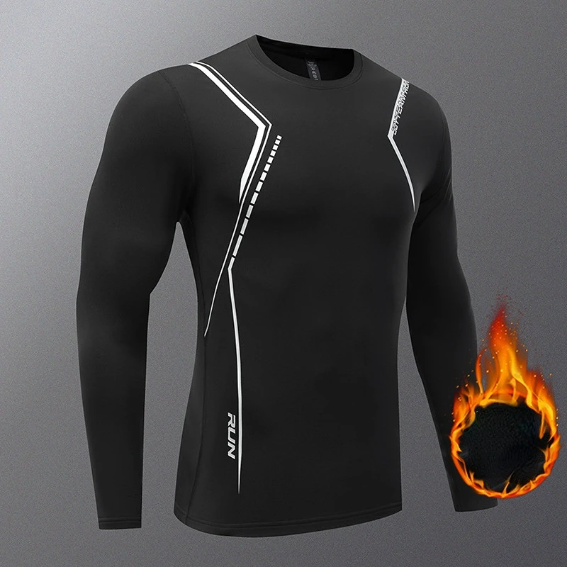 Fleece GYM Fitness Clothing Men Running T Shirt  Compression Shirts Workout Sportswear Sweat Bodybuilding T-Shirt Long Jogging