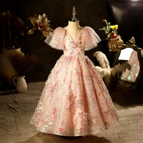 Детское платье принцессы для девочек, кружевное платье с блестками и цветами, детская одежда, элегантные свадебные костюмы, одежда для дня рождения