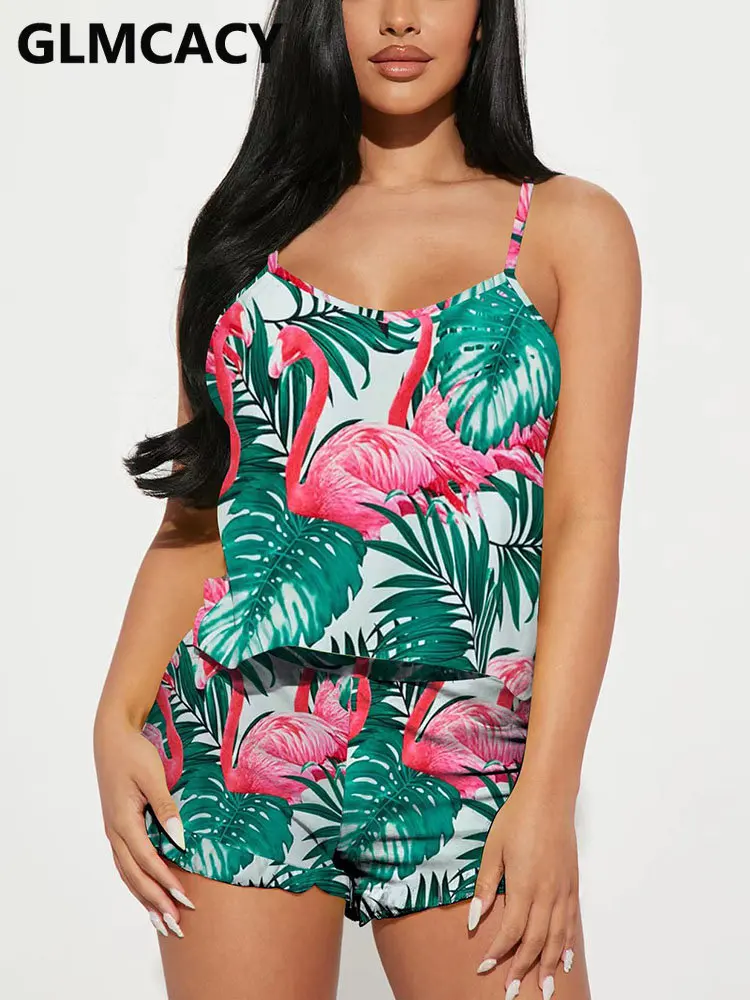 

Women 2 Piece Natural Printed Suits Spaghetti Strap Tops & Slim Shorts Set Pajamas Outfits